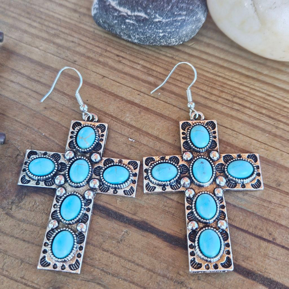 Western Boho Turquoise Cross Earrings - Picture 4 of 5